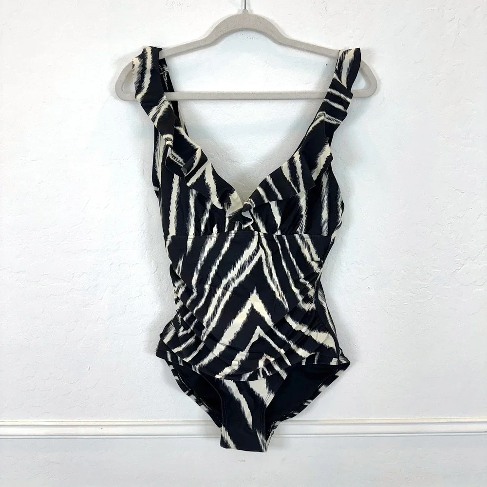 DKNY One Piece Swimsuit Black White Zebra Print Ruffle V Neck Women's Size Small - Picture 1 of 8